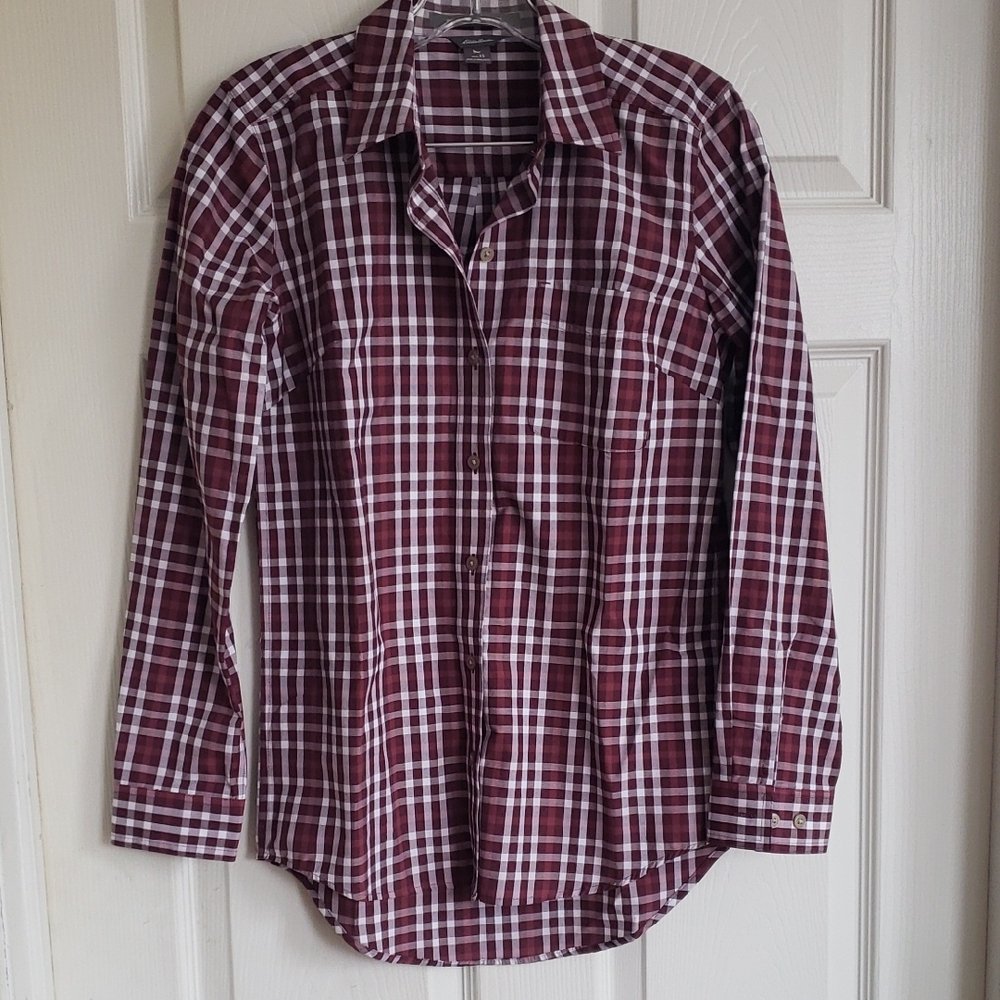 Eddie Bauer Women's Button Down Maroon Checkered Shirt